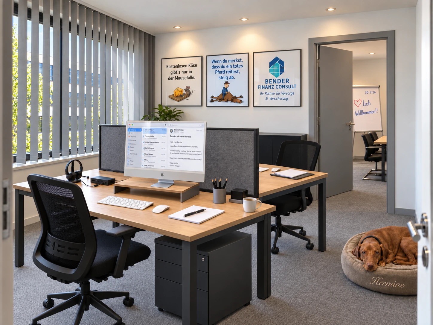 Büro von Bender Finanz Consult mit Hermine in ihrem Körbchen